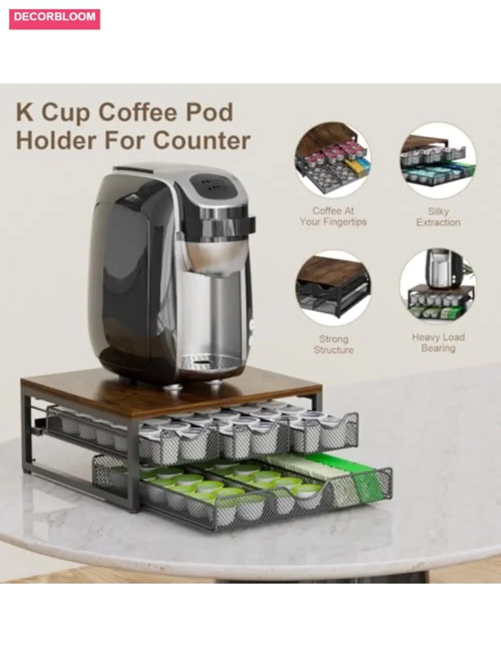 Coffee Pod Holder 3 Drawer Metal Frame Wooden Top Storage Organizer